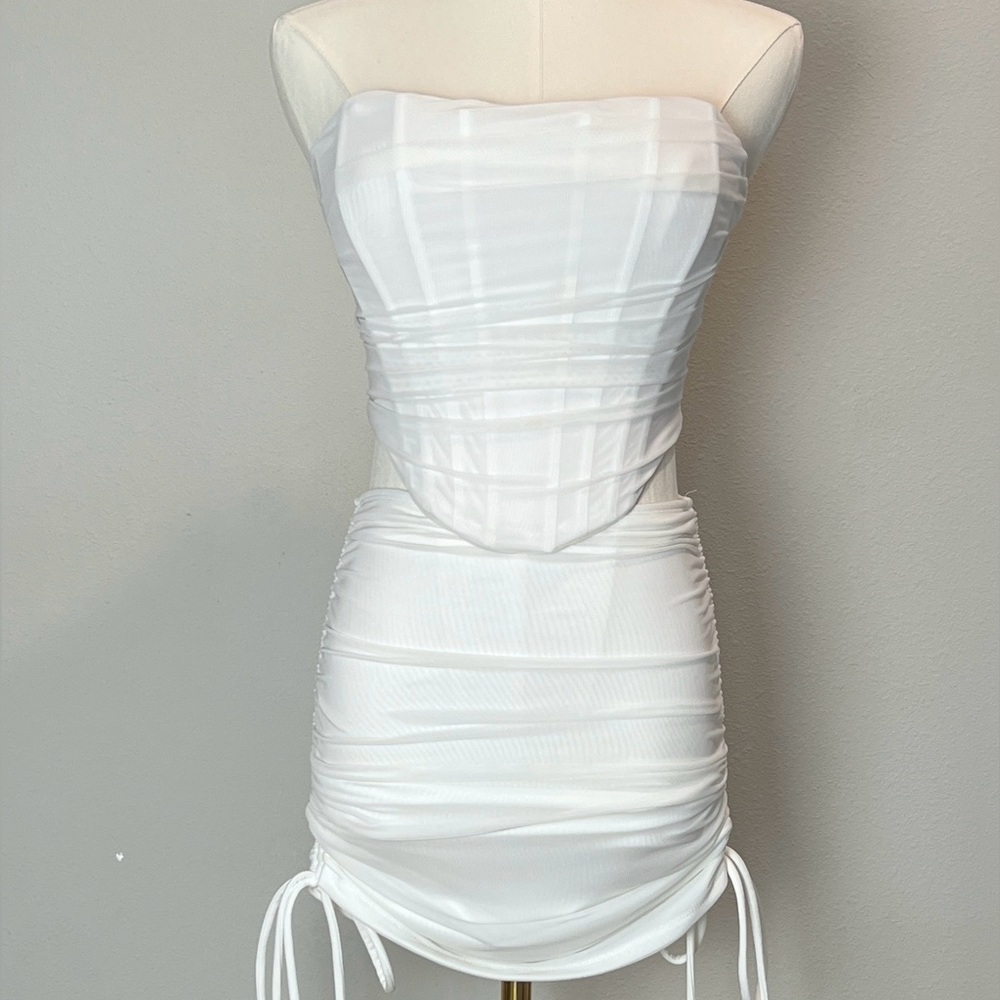 Fashion Nova White Strapless Corset Top and Ruched Skirt Set XS